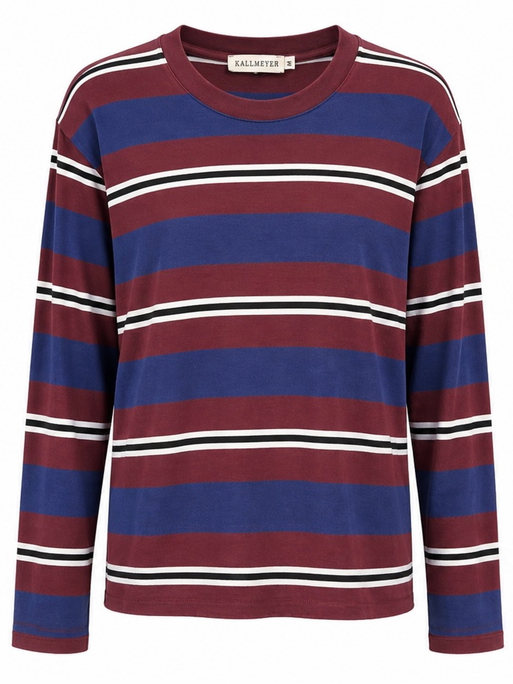 Kallmeyer Striped Long Sleeve Cotton Tee Burgundy Blue Black White Size M